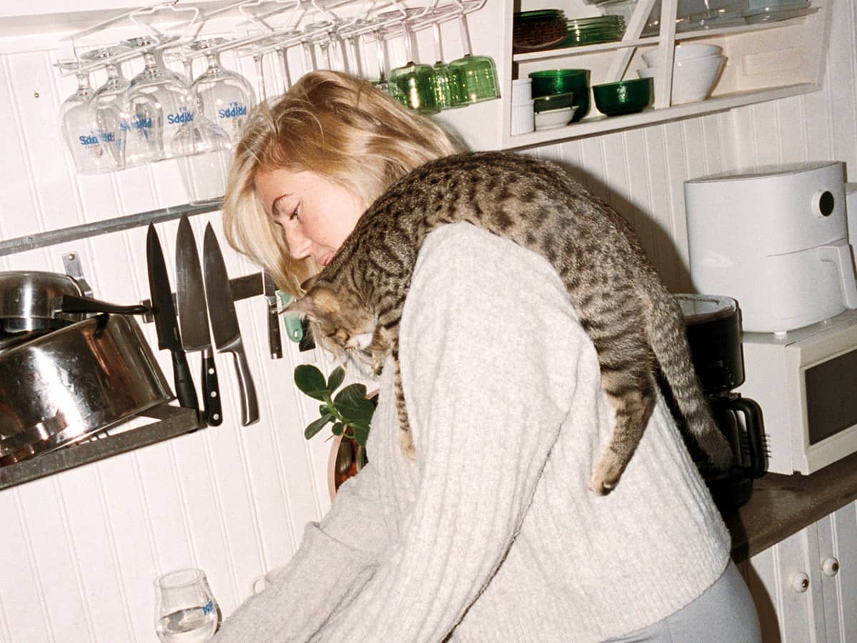 En fläckig katt hänger över axeln på sin matte