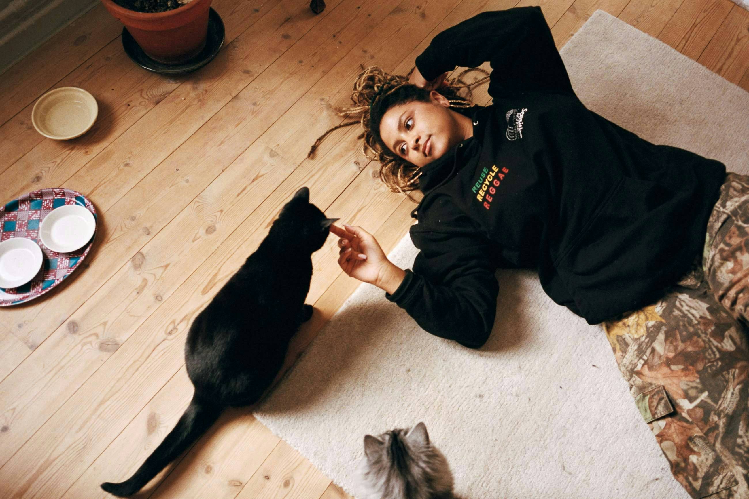 Katter med sin ägare på golvet i en lägenhet